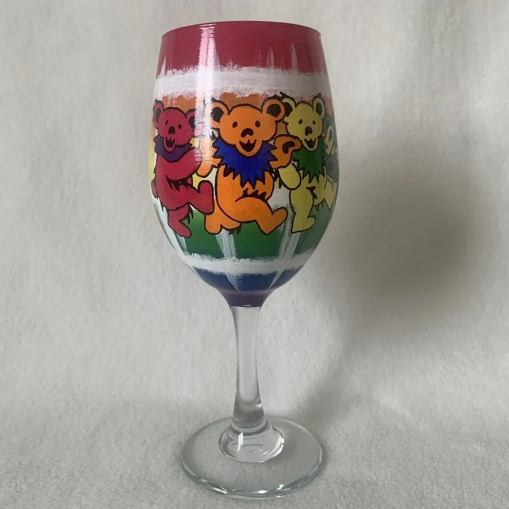 ORIGINAL Rebecca Suriano Hand Painted Grateful Dead Dancing Bears Wine Glasses